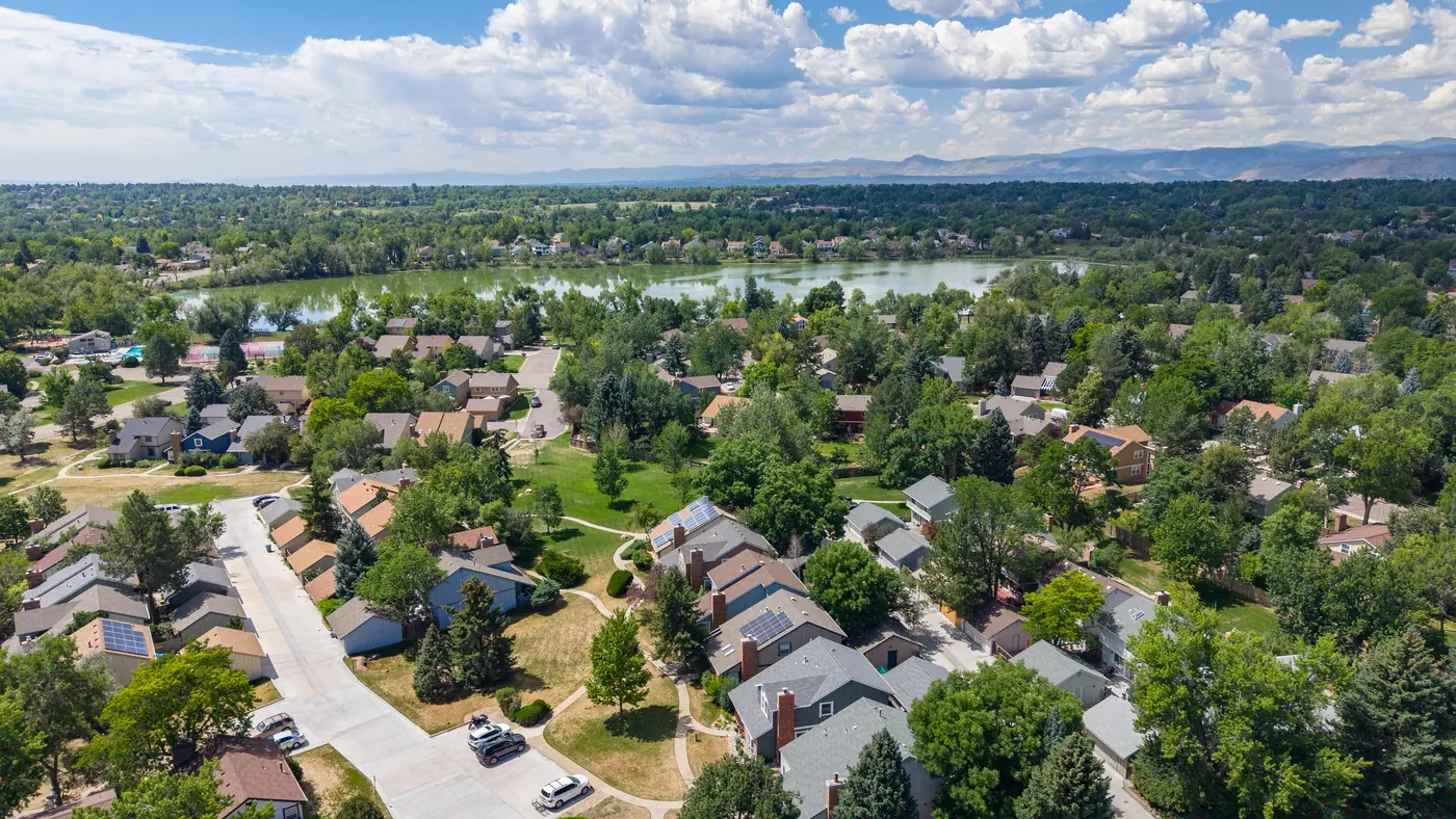 Pond Lake and the surrounding homes in The Pond neighborhood of northwest Arvada