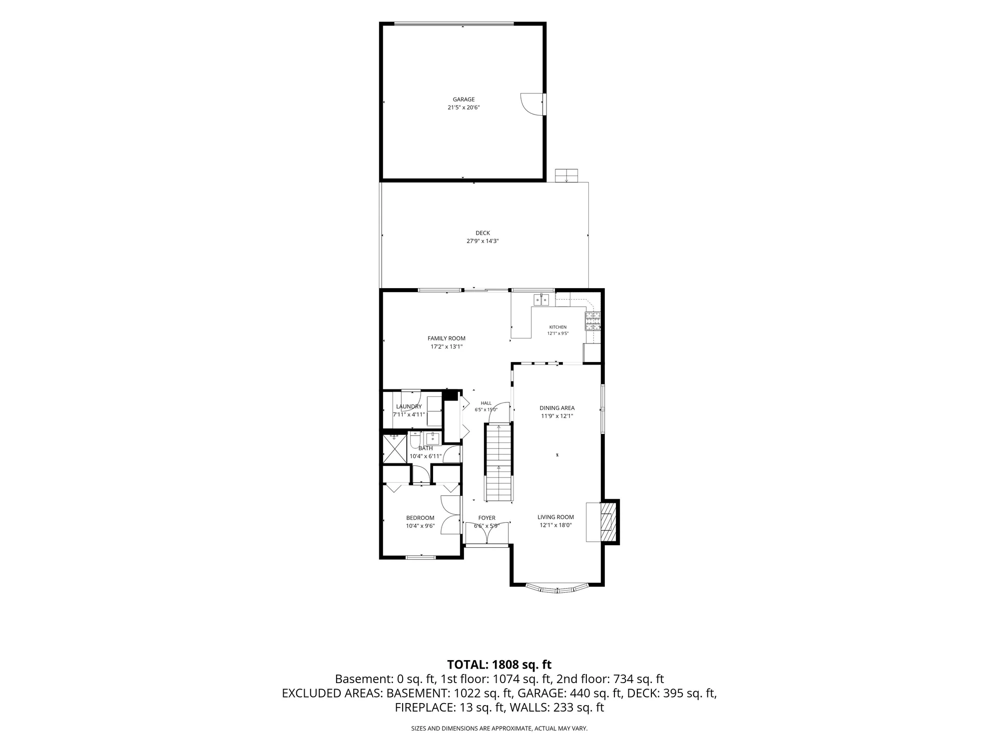 Main level floor plan of 8722 Independence Way: living room, dining area, kitchen, family room, bedroom, 3/4 bath, and laundry