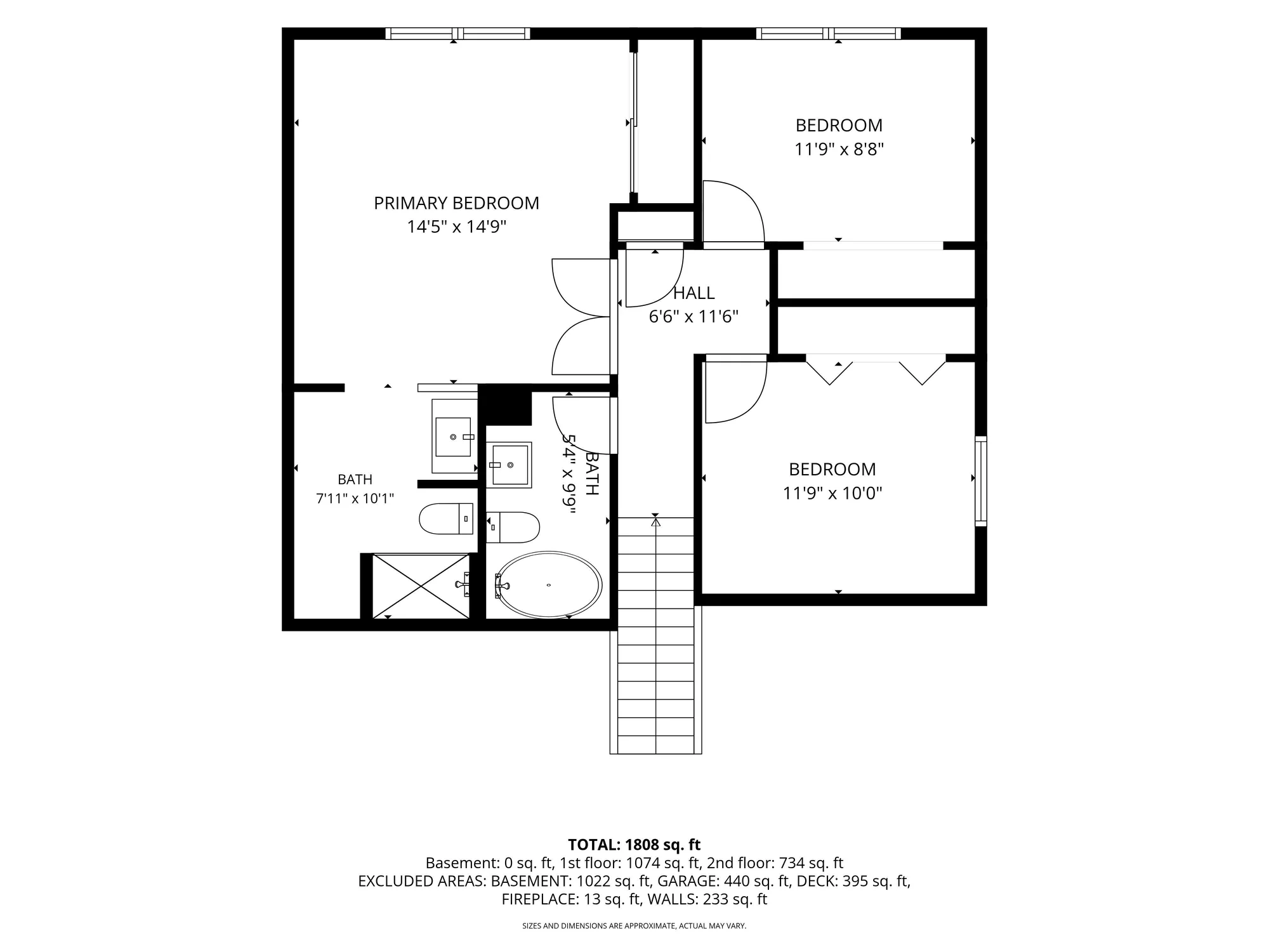 Upper level floor plan: primary suite plus two bedrooms and the hall bath